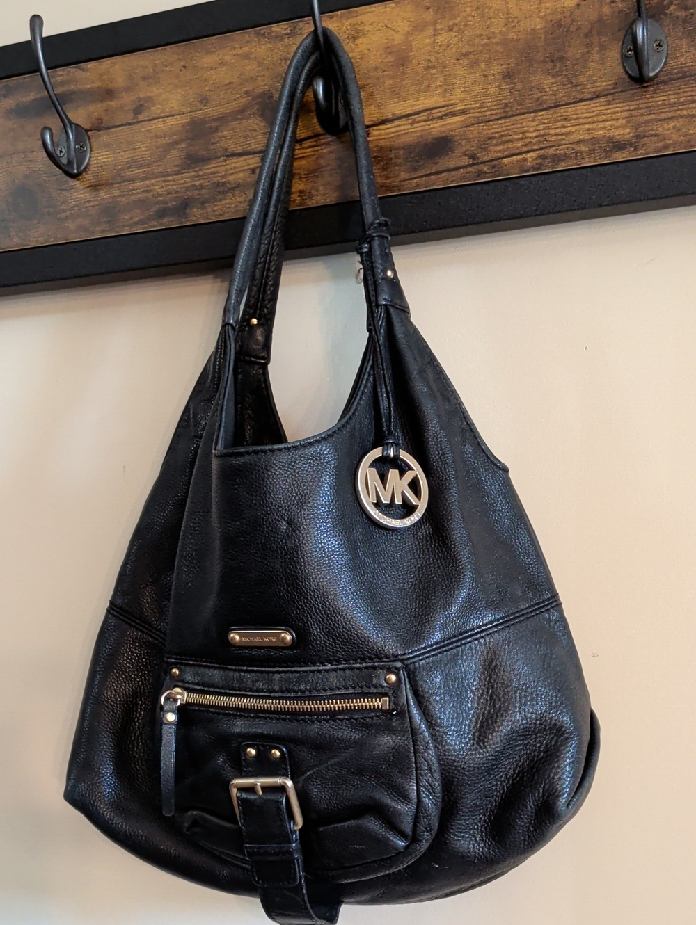 Michael Kors Black Pebbled Leather Shoulder Bag with MK Charm